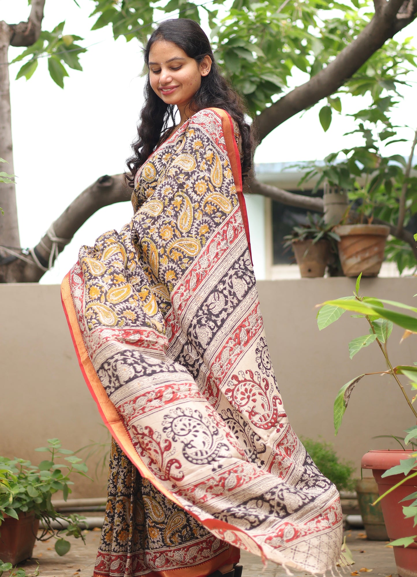 Black Hand Block Printed Kalamkari Nizam Border Silk Sare