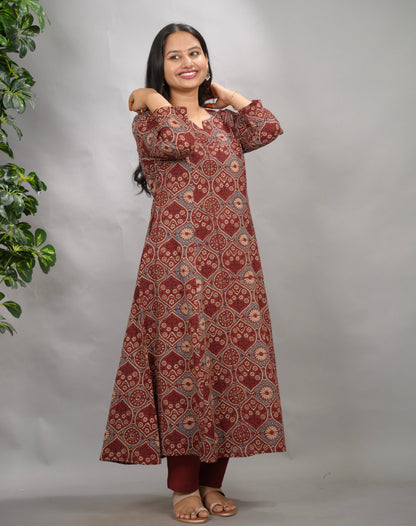 Maroon Ajrakh Cotton Kali Kurta | Looms & Tassels