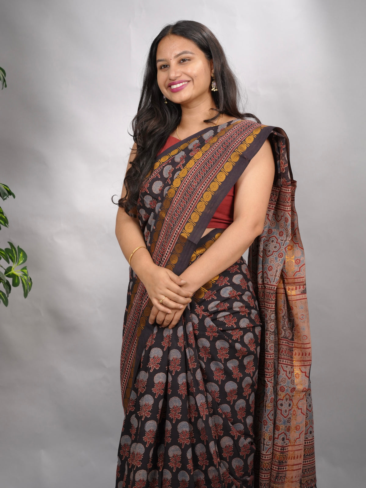 Black Ajrakh Hand Block Printed Sungudi Cotton Saree | Looms & Tassels