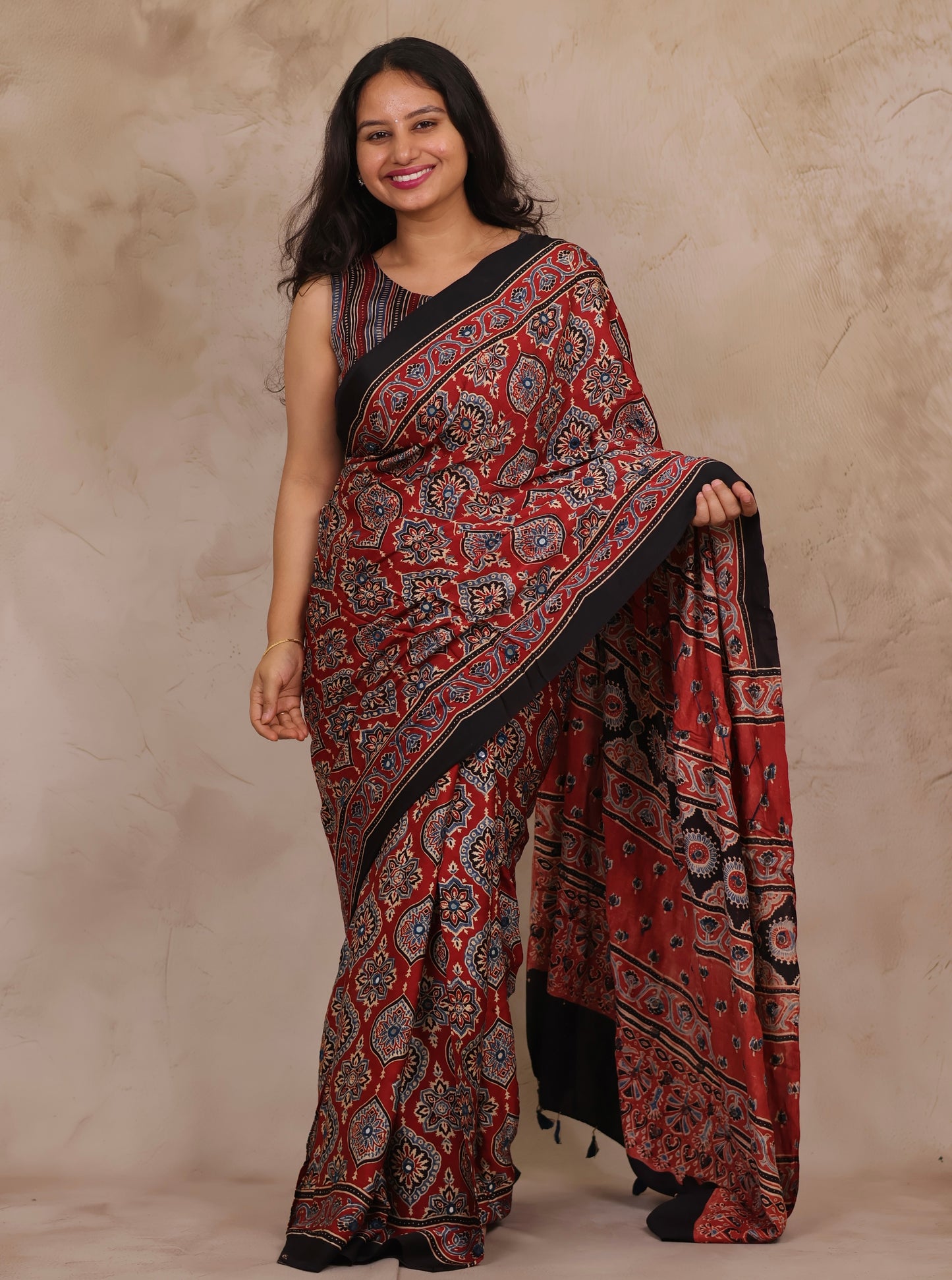 Red Handcrafted Ajrakh Modal Silk Saree with Authentic Banjara Mirror Work | Looms & Tassel
