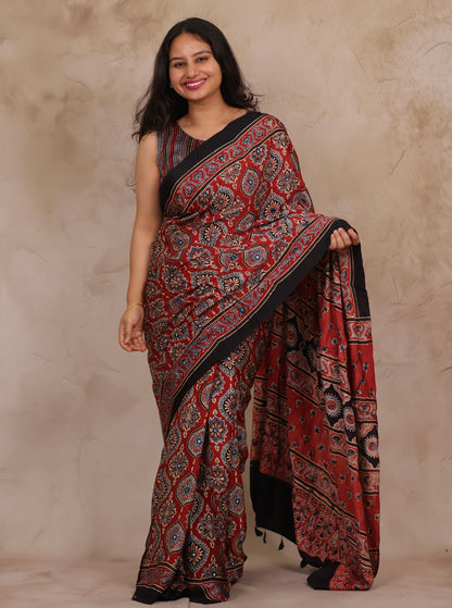 Red Handcrafted Ajrakh Modal Silk Saree with Authentic Banjara Mirror Work | Looms & Tassel