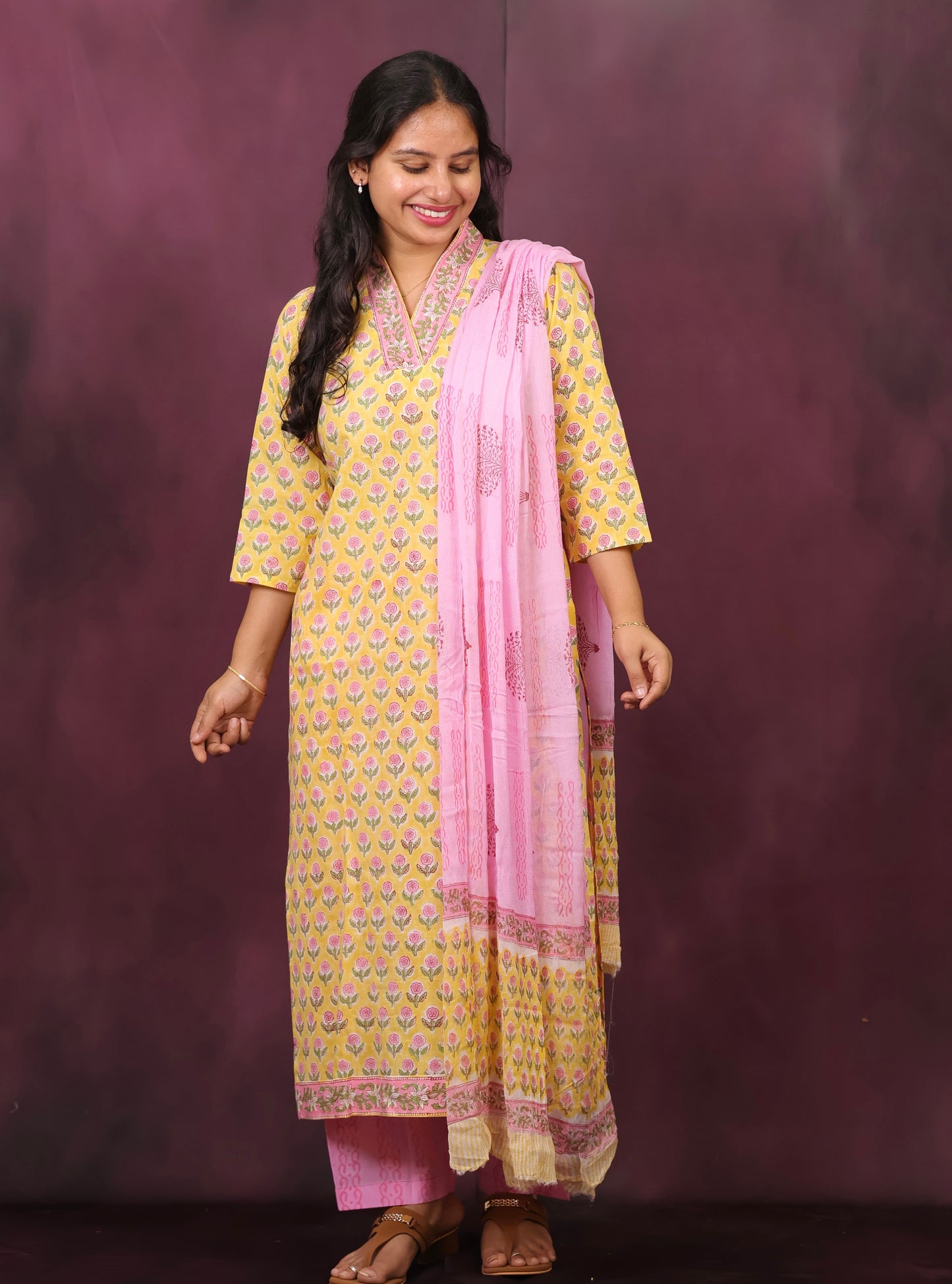 Yellow And Pink Handblock printed Pure Mul Cotton with Chiffon Dupatta 3 piece suit (stitched)