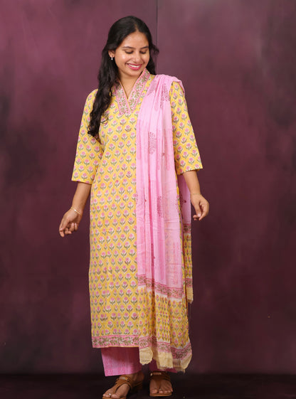 Yellow And Pink Handblock printed Pure Mul Cotton with Chiffon Dupatta 3 piece suit (stitched)