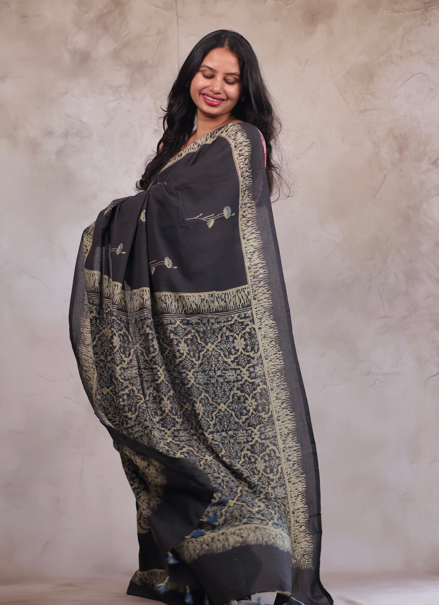 Elephant Grey Ajrakh Hand Block Printed Mul Cotton Saree | Looms & Tassels
