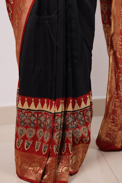 Black & Red Ajrakh Dola Silk Saree