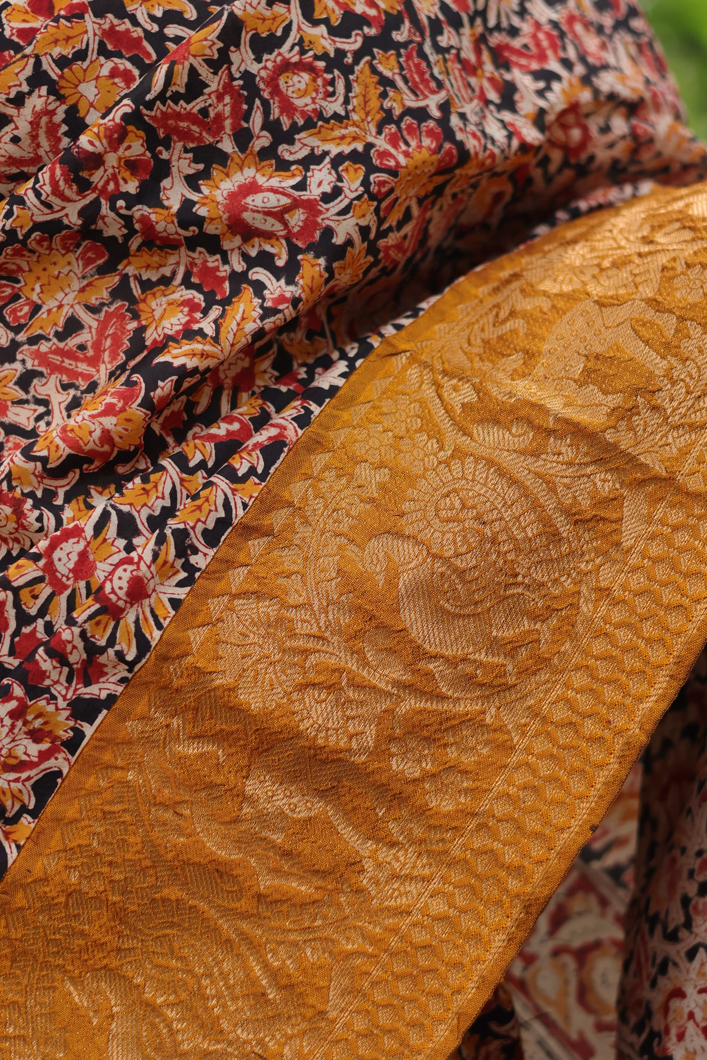 Black & Mustard Kuppadam Border Kalamkari Uppada Silk Saree