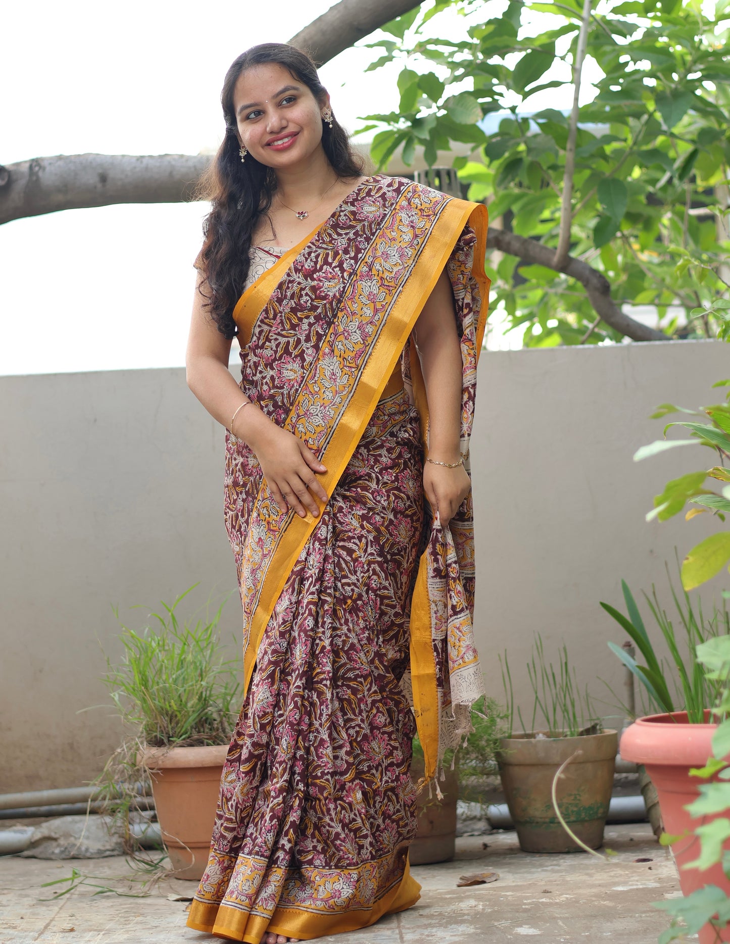 Maroon Hand Block Printed Kalamkari Nizam Border Silk Sare