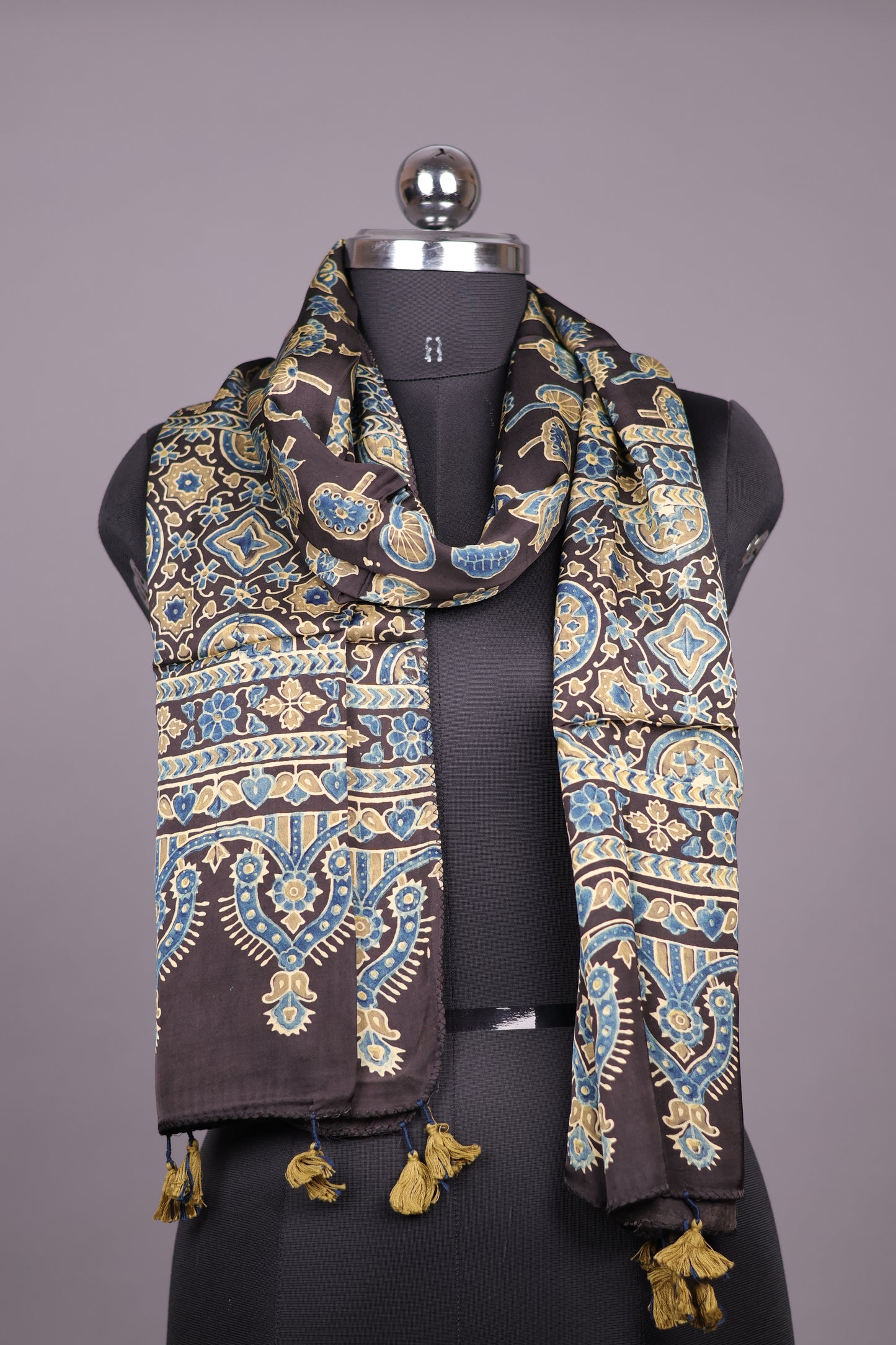 Black Ajrakh Hand Block Printed Modal Silk Stole | Looms & Tassels