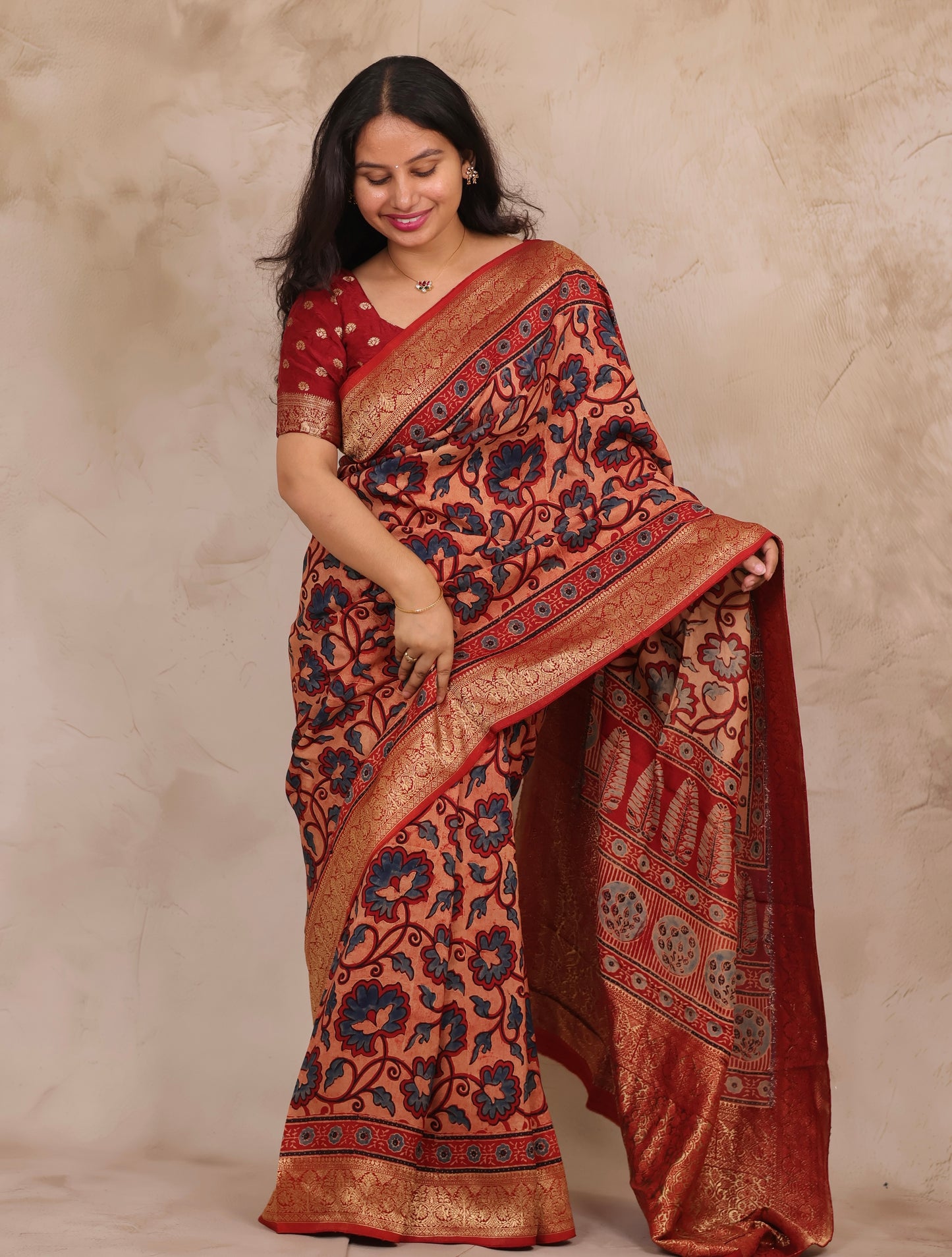 Onion Pink & Blue Ajrakh Handblock printed Dola Silk Saree | Looms & Tassels