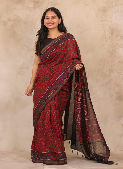 Maheswari Silk Cotton Ajrakh Handblock Printed Saree | Looms & Tassels