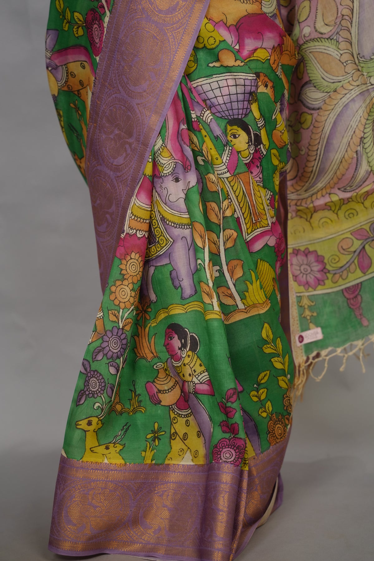 Green Hand Drawn Pen Kalamkari Bangalore Silk Kanchi Border Saree | Looms & Tassels