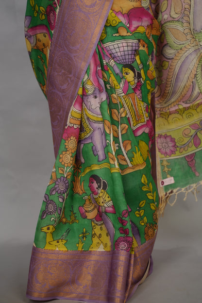 Green Hand Drawn Pen Kalamkari Bangalore Silk Kanchi Border Saree | Looms & Tassels