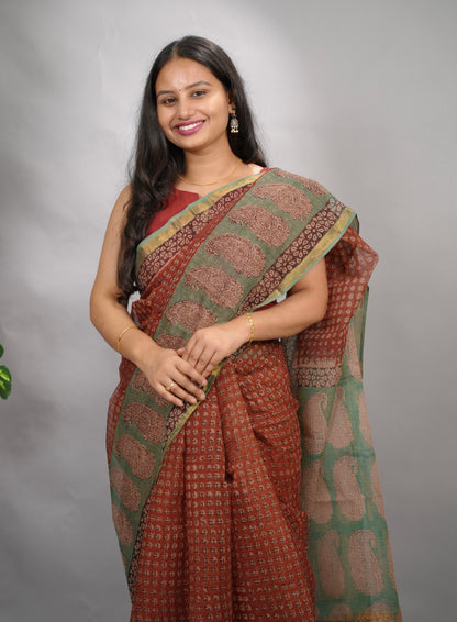Maroon Pure Kota Doria Saree with Bagru Handblock Prints