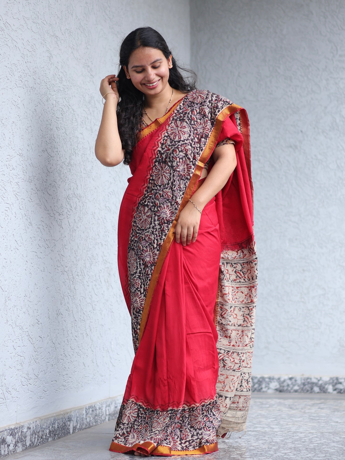 Kalamkari dyeing premium chennur silk with hand block print saree