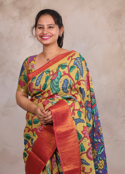 Hand Drawn Pen Kalamkari Light Yellow And Red Bangalore Silk Kanchi Border Saree | Looms & Tassels