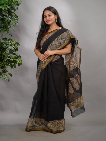 Black Pure Kota Doria Saree with Bagru Handblock Prints
