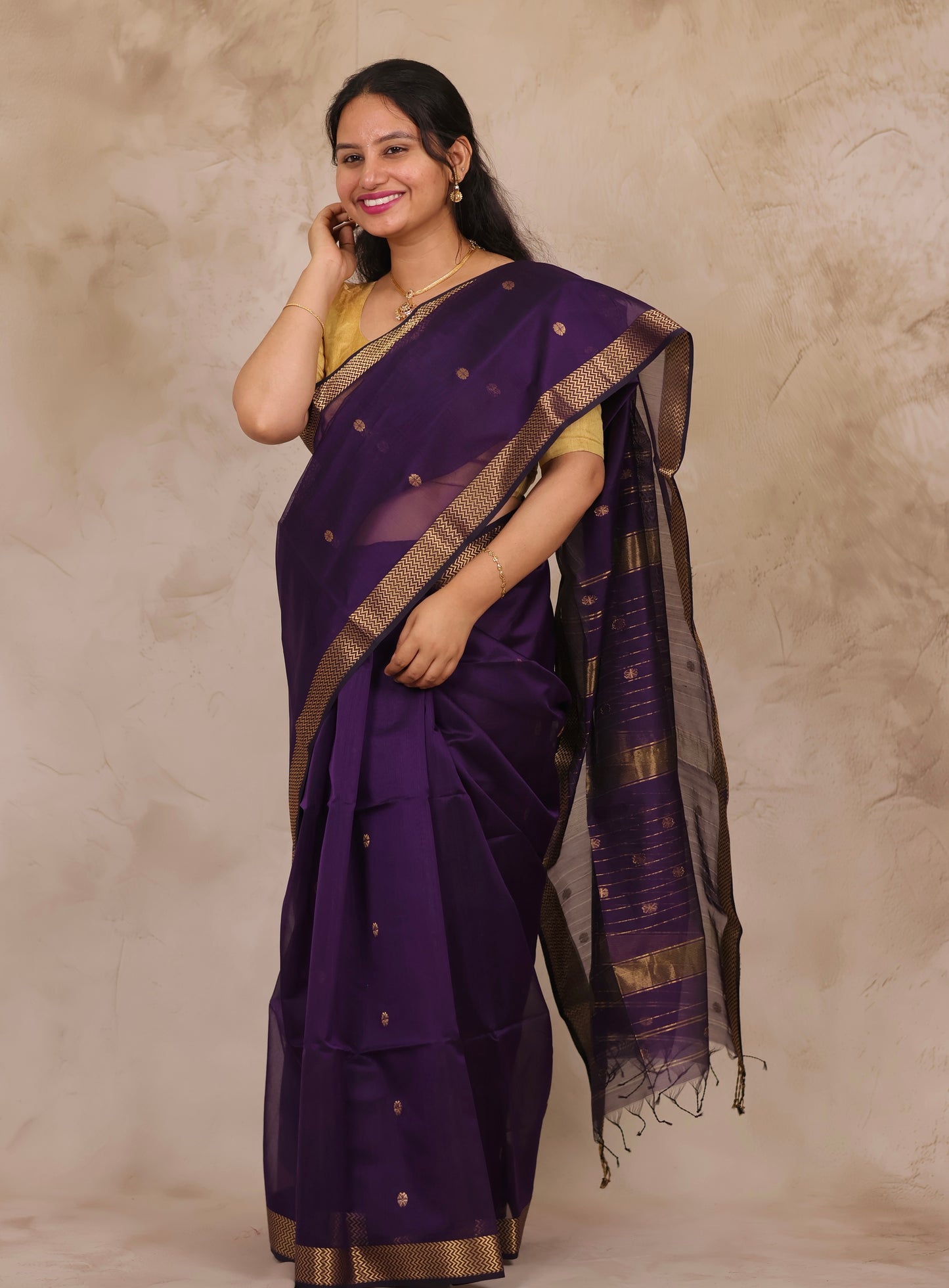 Purple Handloom Maheswari Silk Cotton Sarees | Looms & Tassels