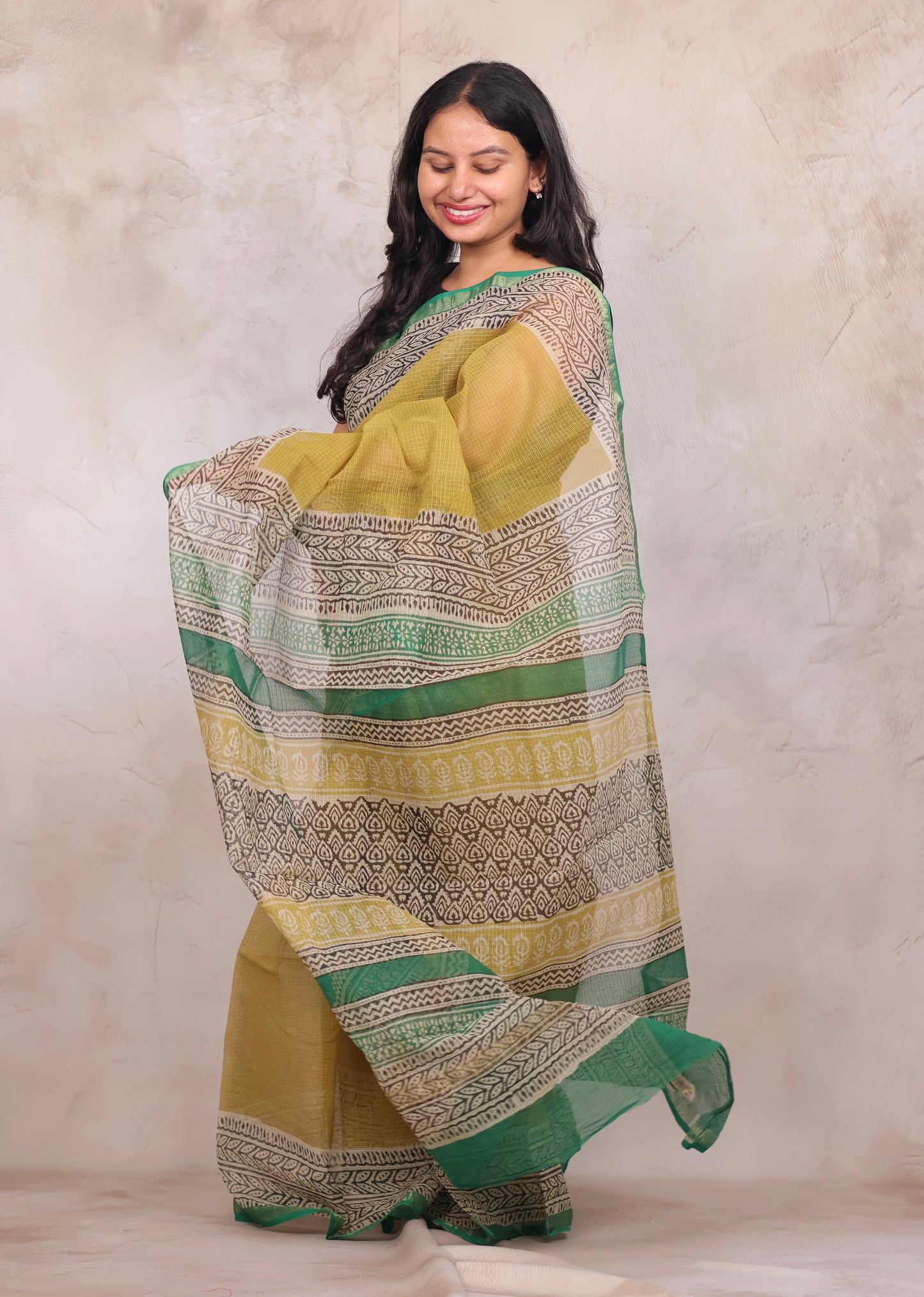 Yellow Pure Kota Doria Saree with Bagru Handblock Prints | Looms & Tassels