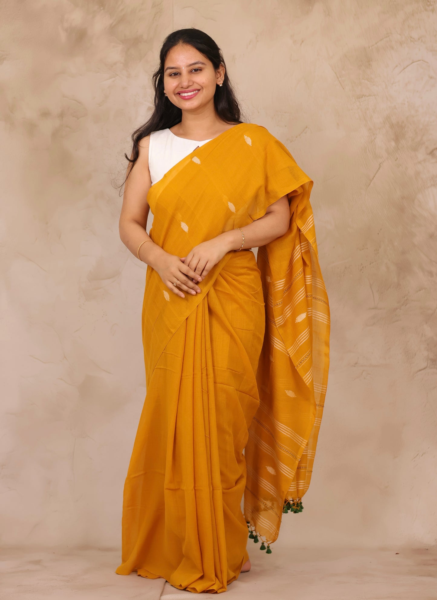 Mustard Malai Cotton Saree with Butta Weaving | Looms & Tassels