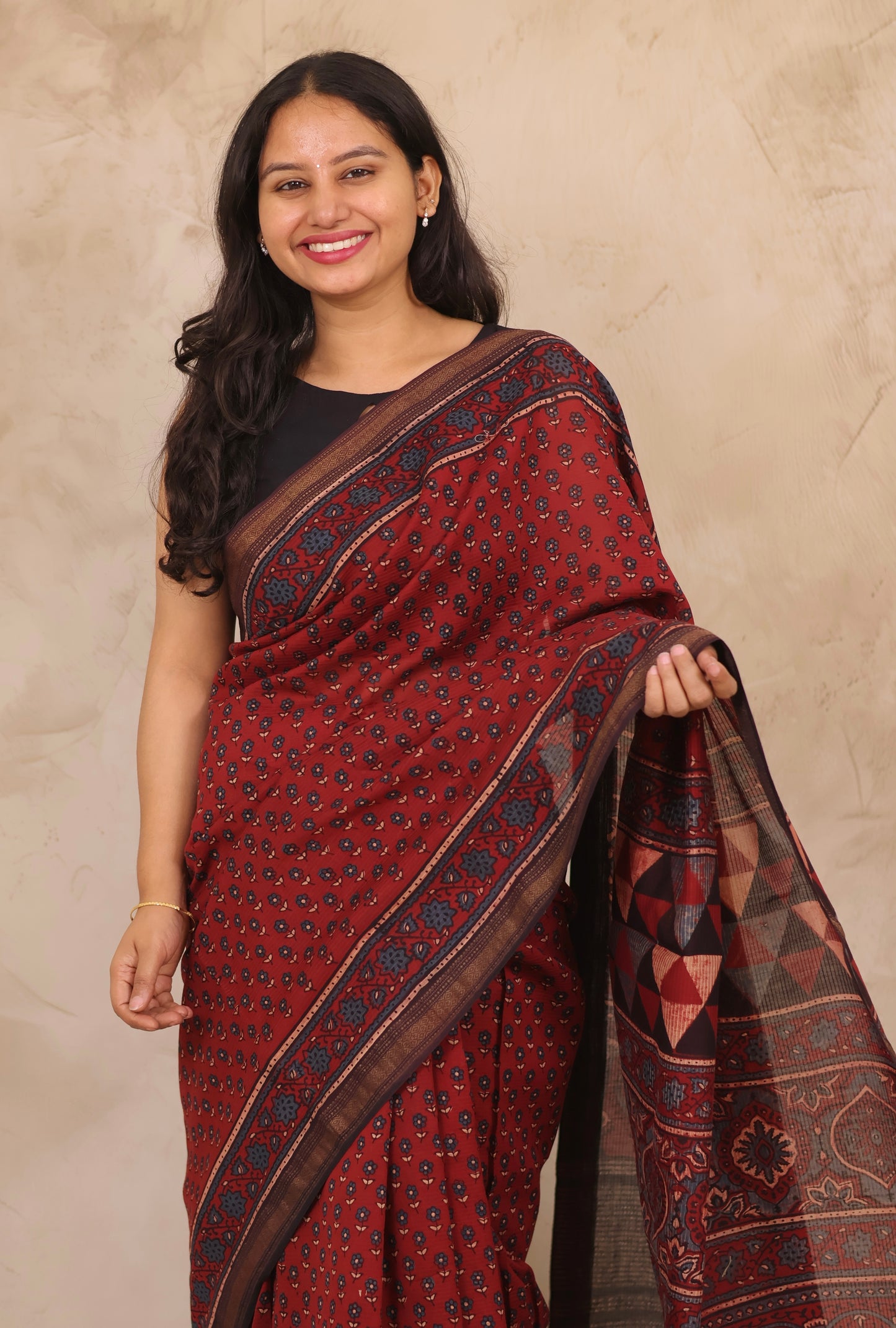 Maheswari Silk Cotton Ajrakh Handblock Printed Saree | Looms & Tassels