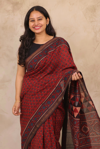 Maheswari Silk Cotton Ajrakh Handblock Printed Saree | Looms & Tassels