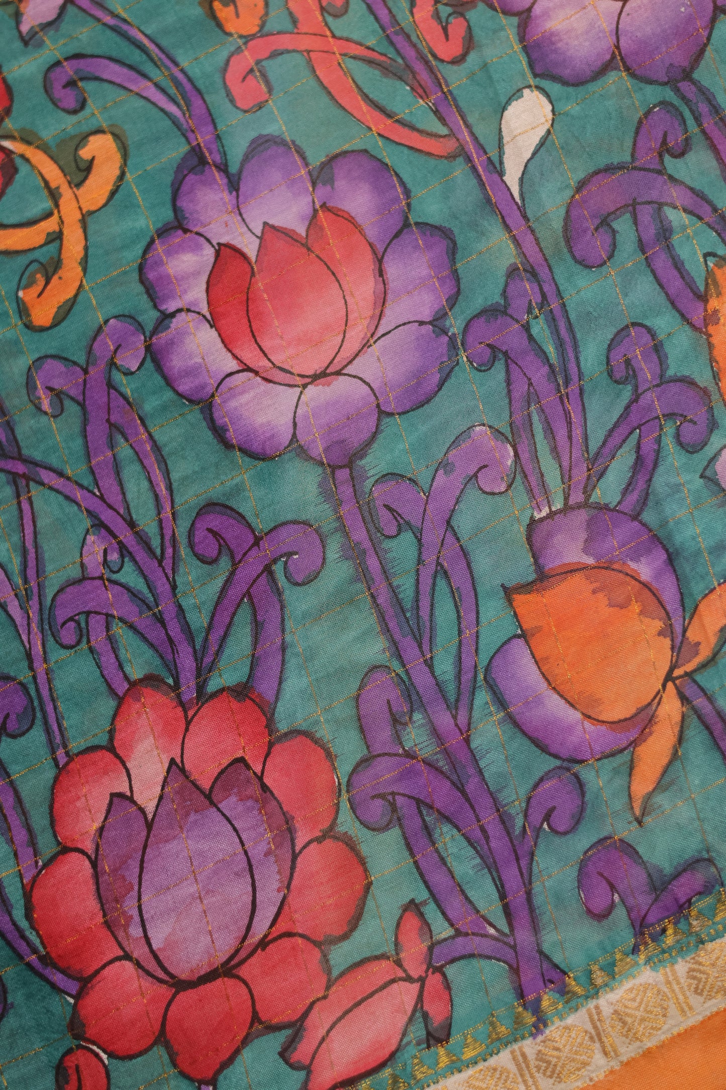 Sea Green Hand Painted Pen Kalamkari Bangalore Silk Saree with Sungdi Borders