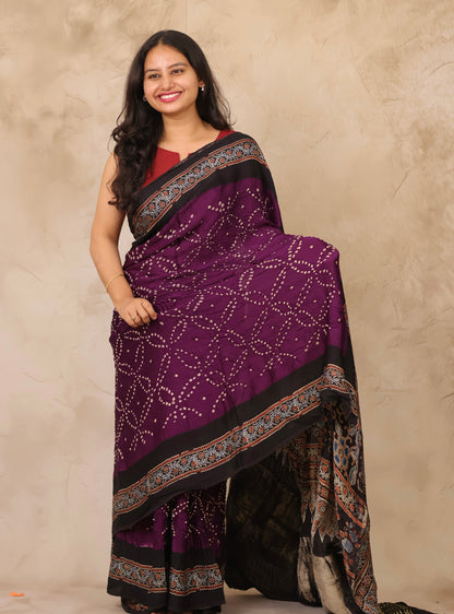Jamun Hand Knotted Bandhej Arakh Modal Silk Saree with Lagdi Pallu | Looms & Tassels