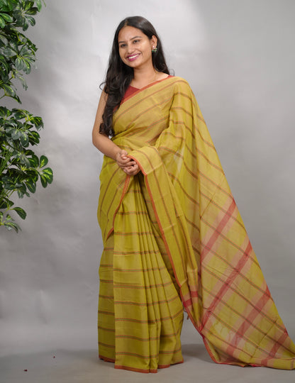 Olive Green Narayanpet Cotton Saree | Looms & Tassels