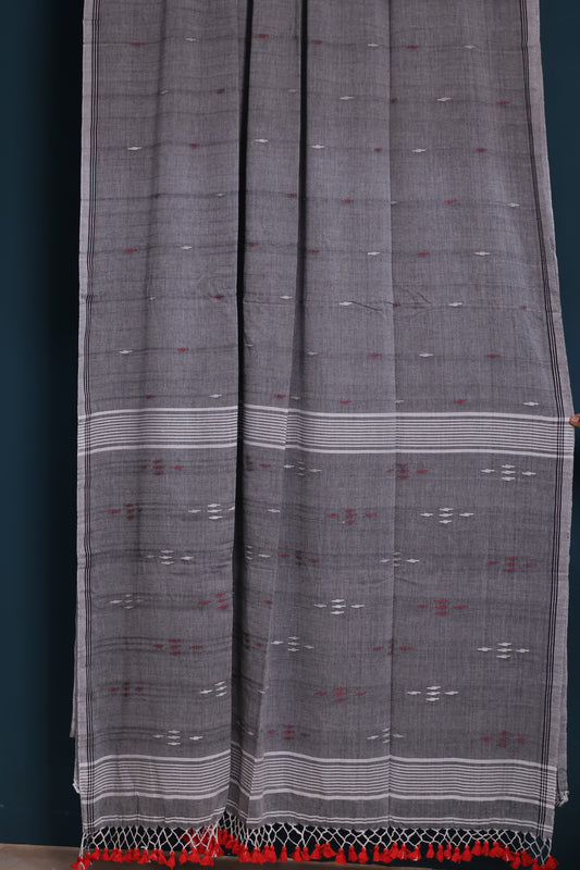 Grey Pure Handwoven Malai Cotton Saree with Butta Weaving