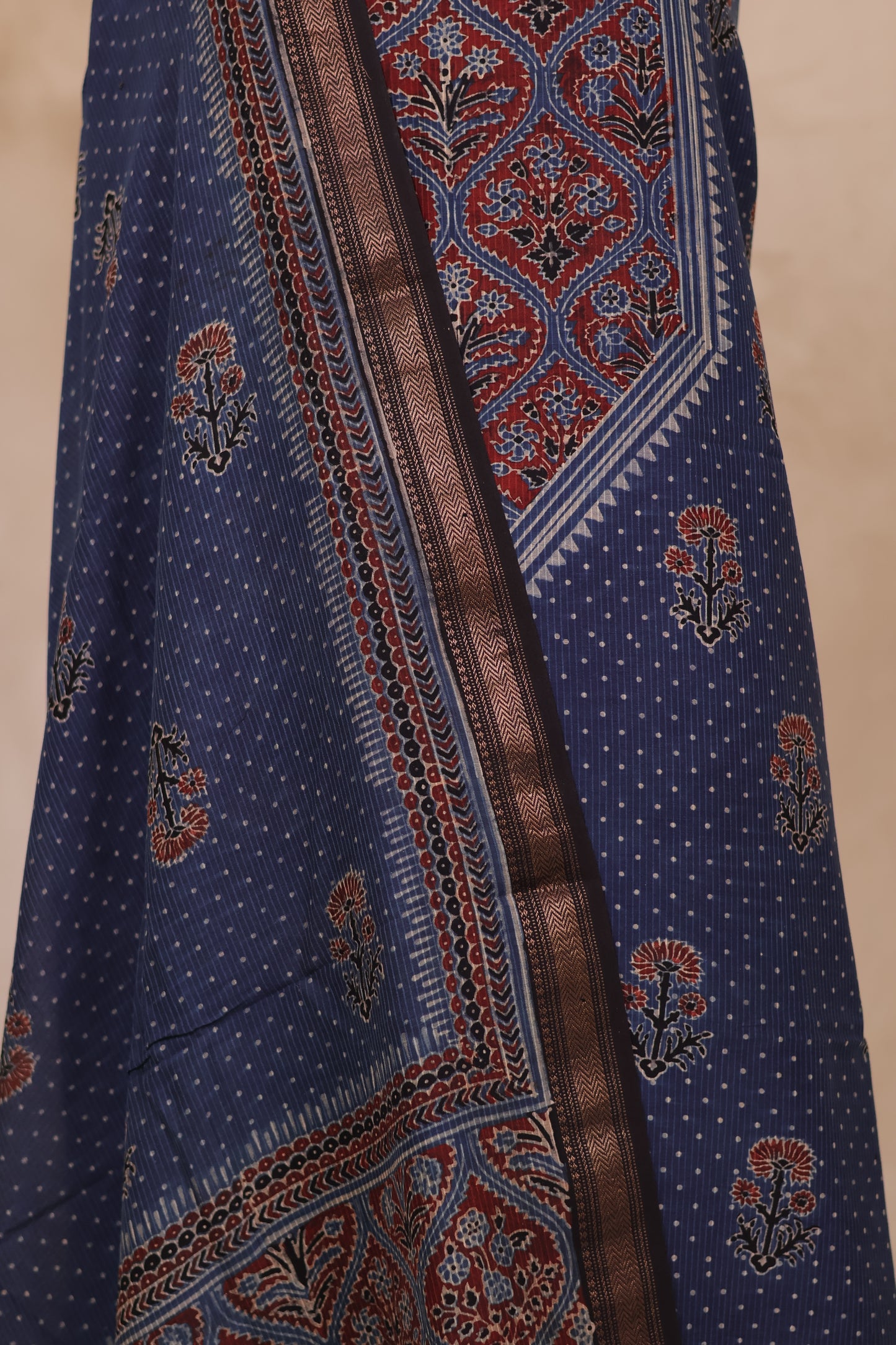 Maheswari Silk Cotton Ajrakh Handblock Printed 2 Piece Suit Set | Looms & Tassels