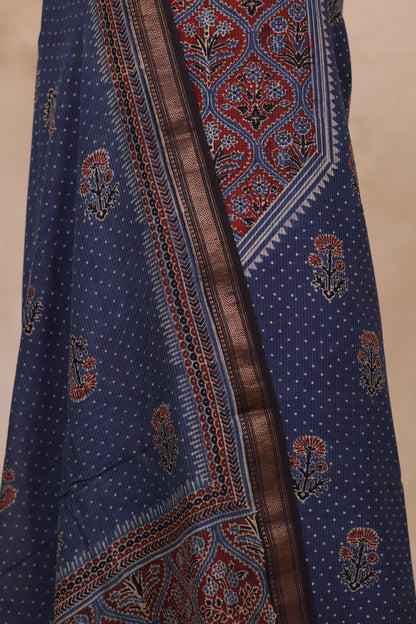 Maheswari Silk Cotton Ajrakh Handblock Printed 2 Piece Suit Set | Looms & Tassels