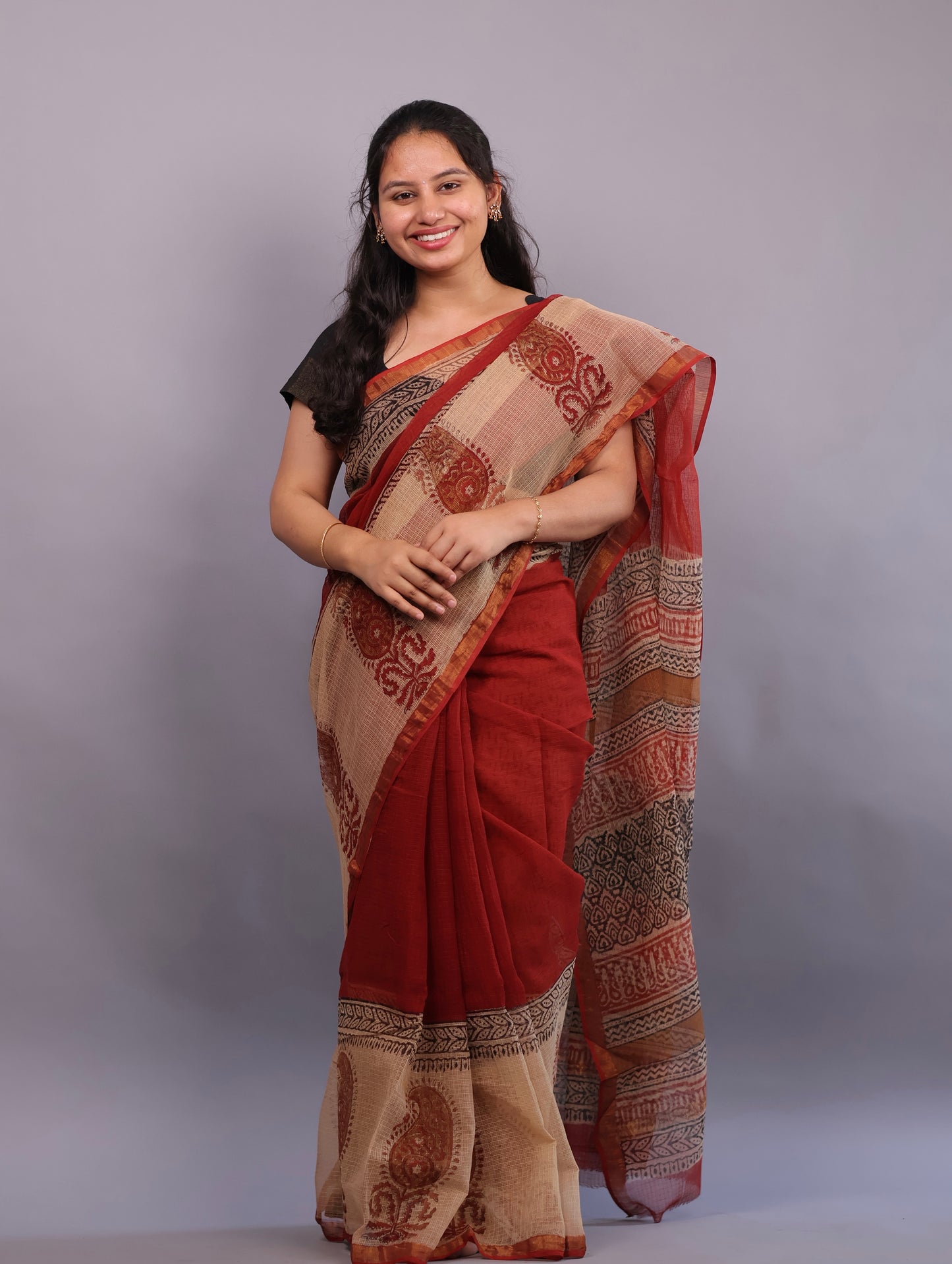 Pure Kota Doria Saree with Bagru Handblock Prints – Rust Maroon | Looms&Tassels