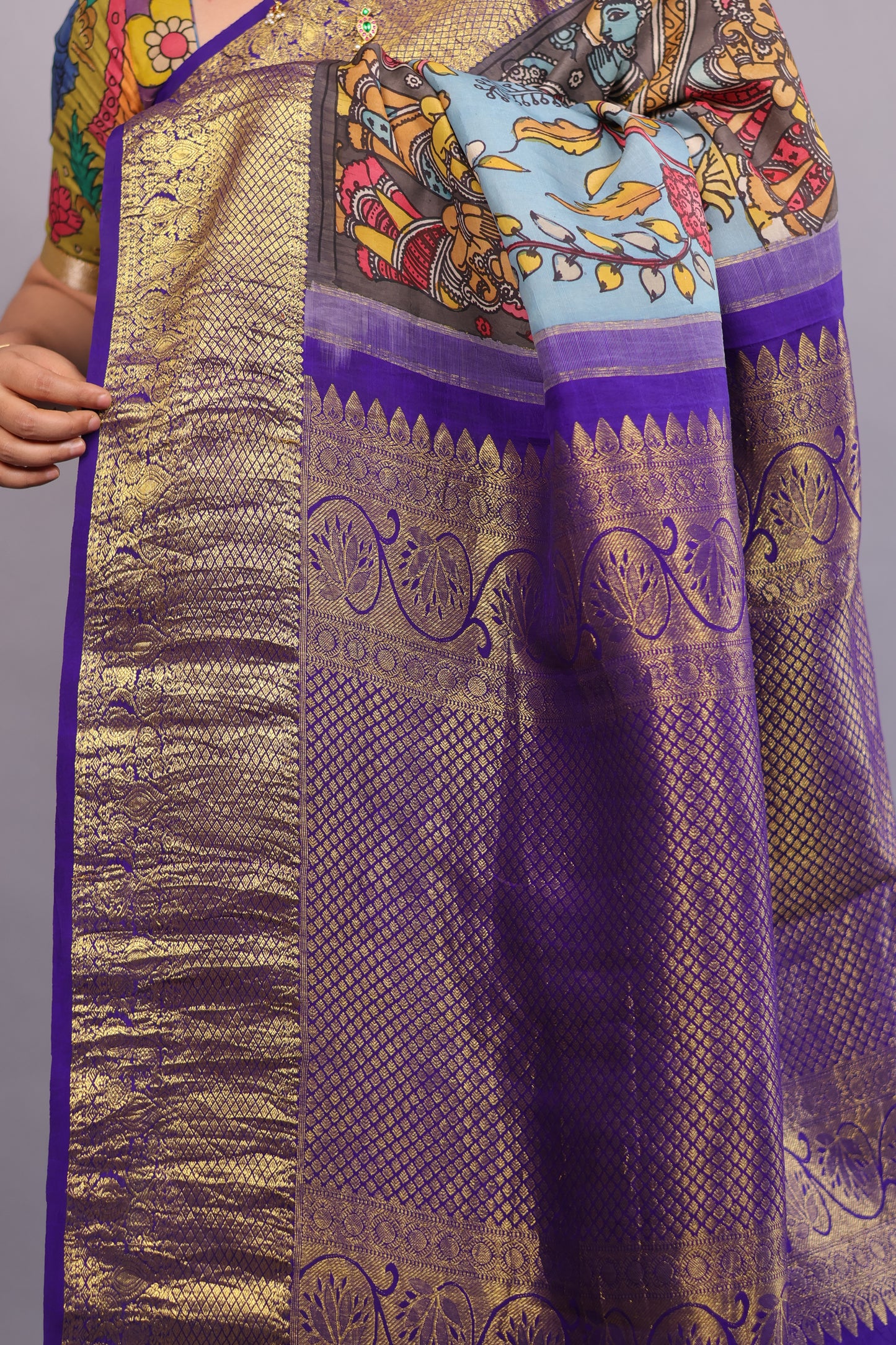Blue Kanchi Pattu Hand Painted Pen Kalamkari Saree