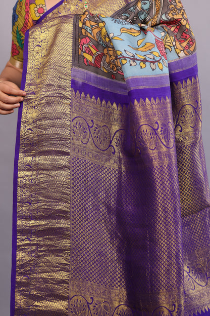 Blue Kanchi Pattu Hand Painted Pen Kalamkari Saree