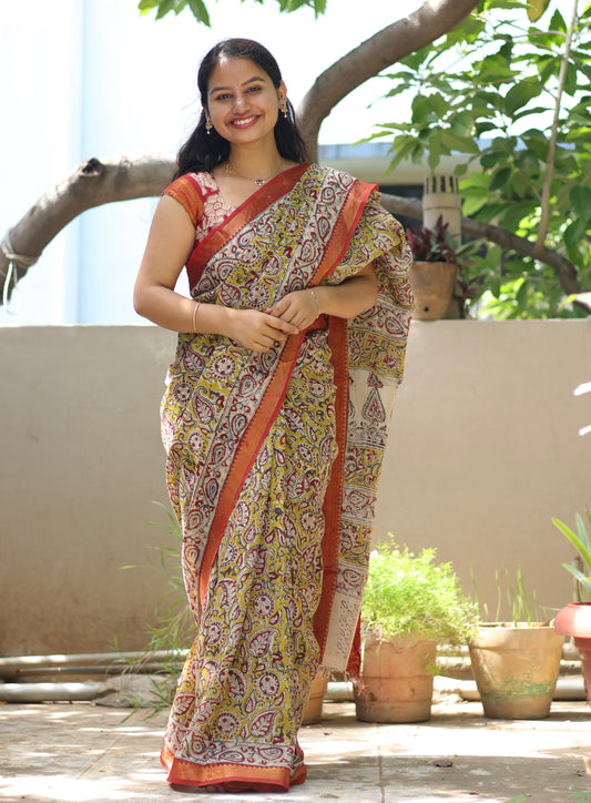 Hand Block Printed Kalamkari Nizam Border Silk Saree