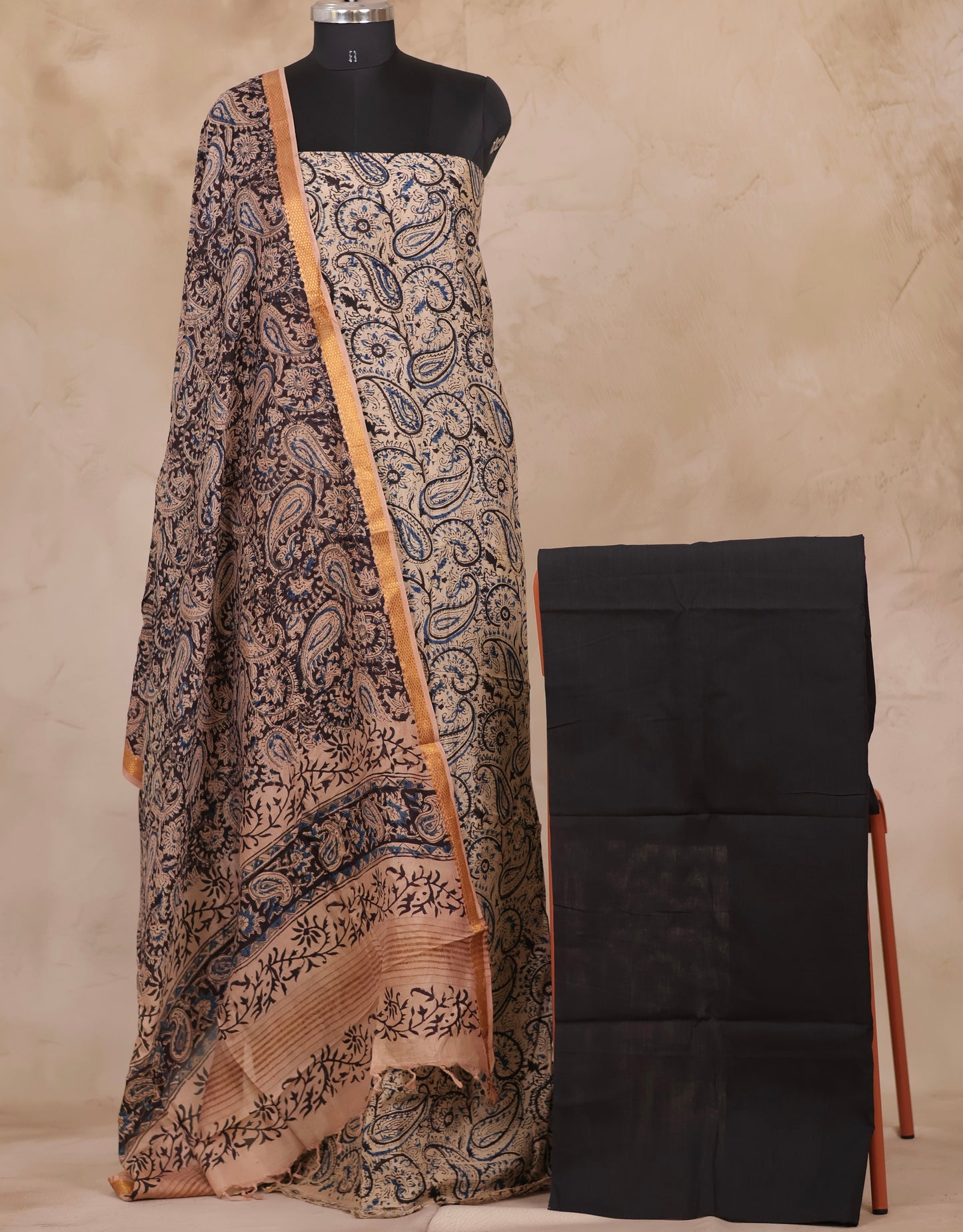 Hand Block Printed Kalamkari Unstitched 3pc Suit Set