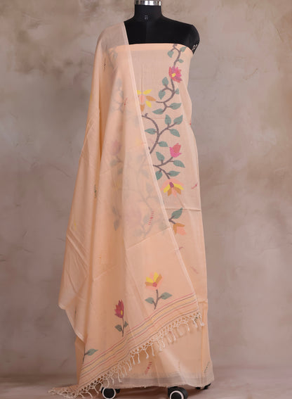 Pastel Peach Handwoven Jamdhani weaving pure Malai cotton 2 piece suit sets | Looms & Tassels