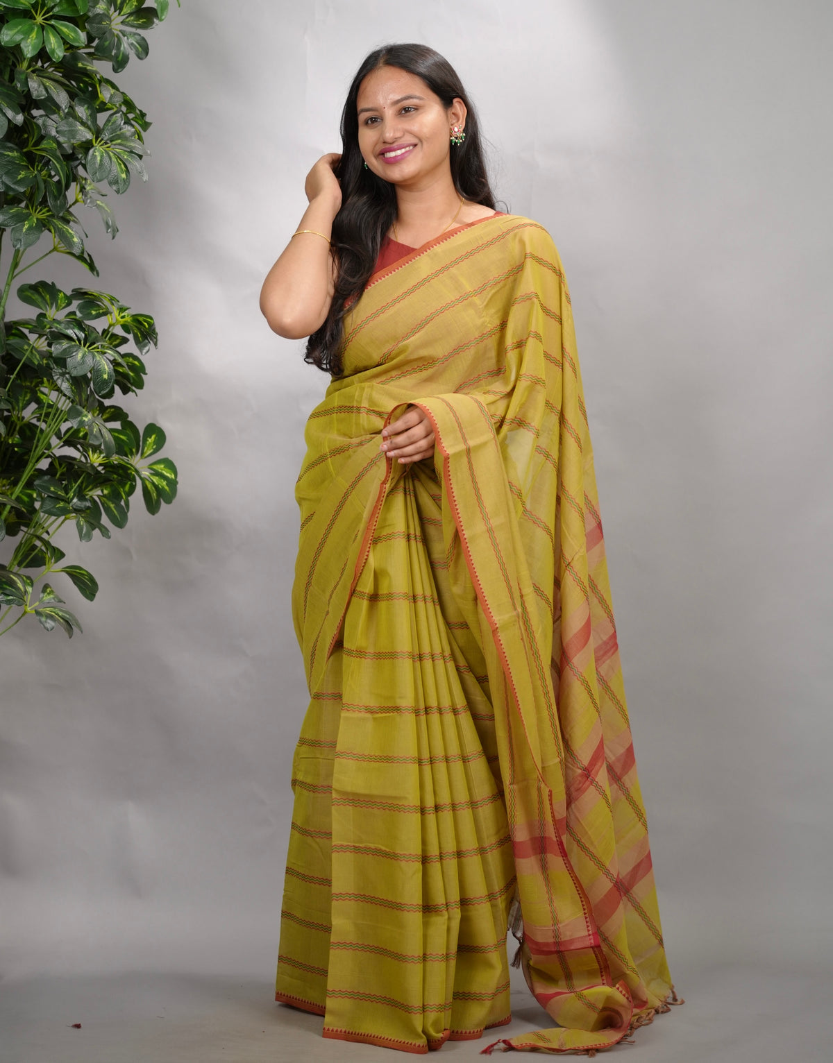 Olive Green Narayanpet Cotton Saree | Looms & Tassels