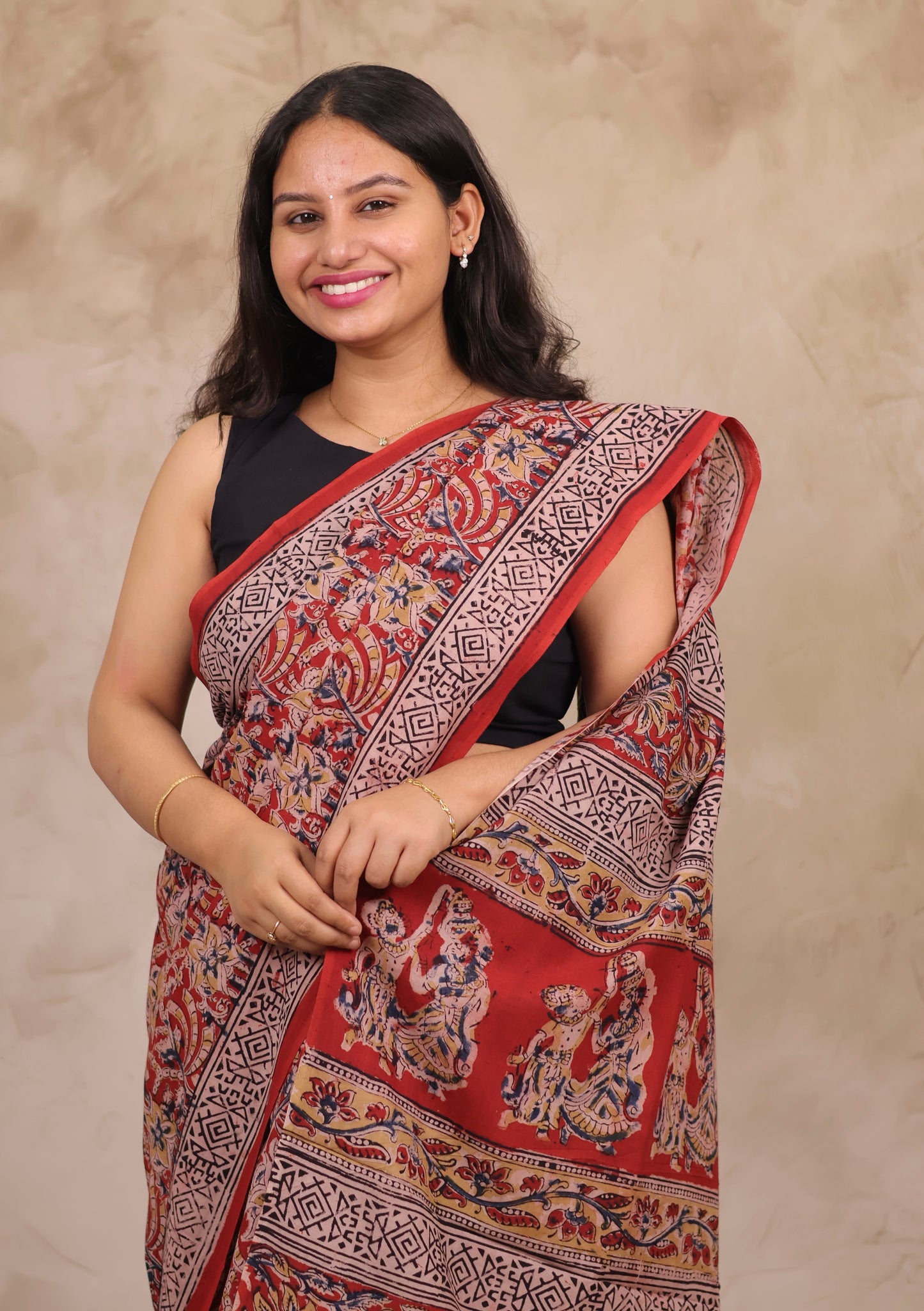 Red Hand Block Printed Kalamkari Cotton Saree | Looms & Tassels