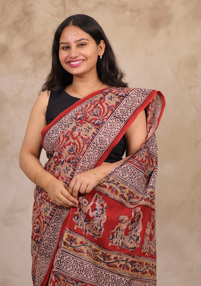 Red Hand Block Printed Kalamkari Cotton Saree | Looms & Tassels
