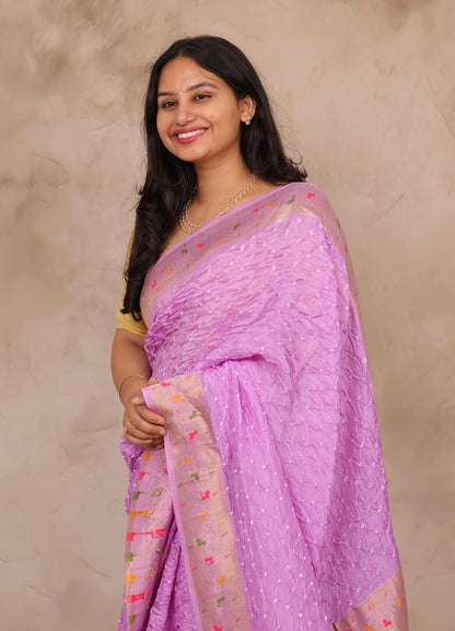 Orchid Pink Handcrafted Bandhani Paithani Dola Silk Saree | Looms & Tassels