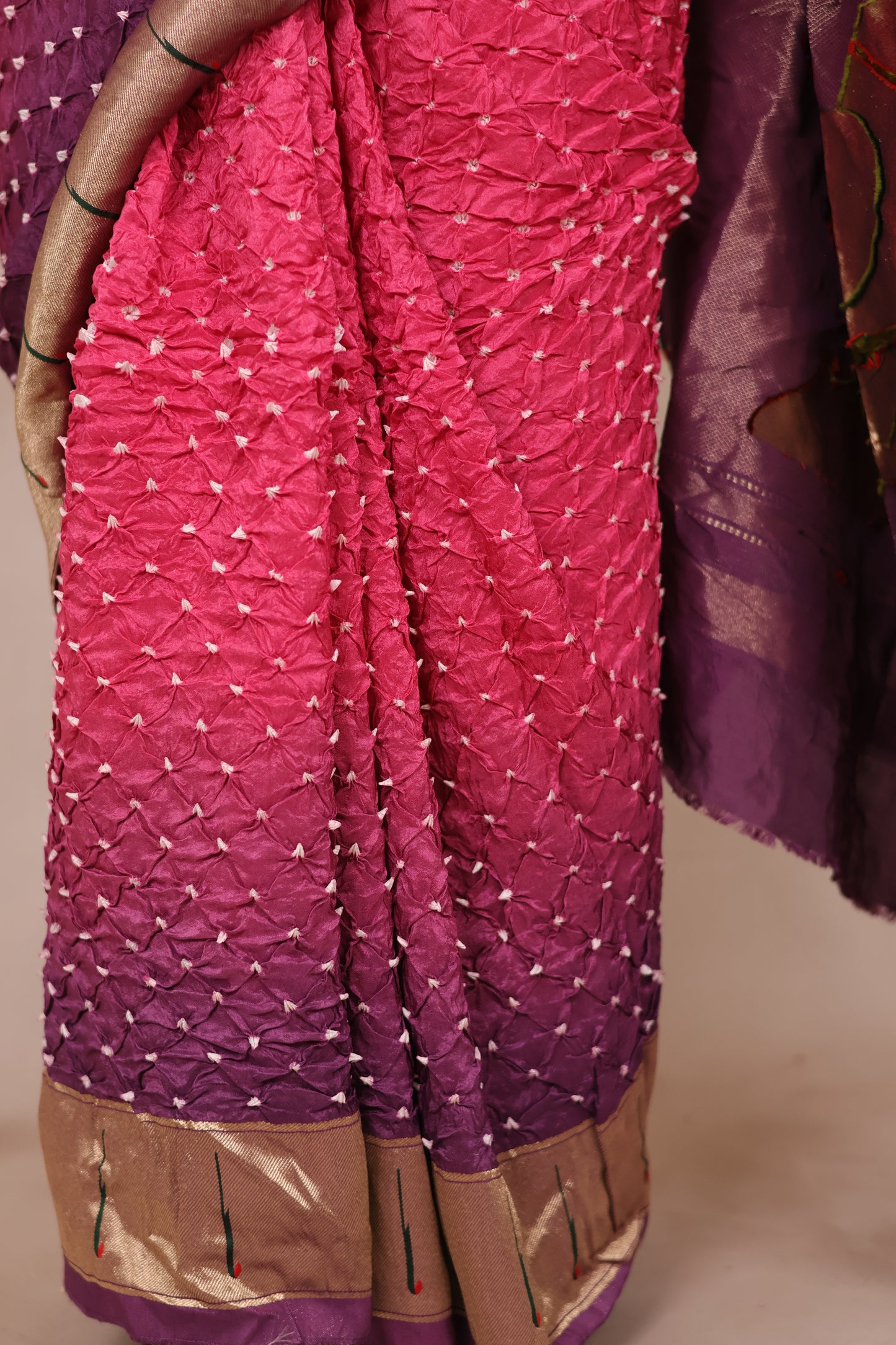 Purple & Pink Handcrafted Bandhani Paithani Dola Silk Saree | Looms & Tassels