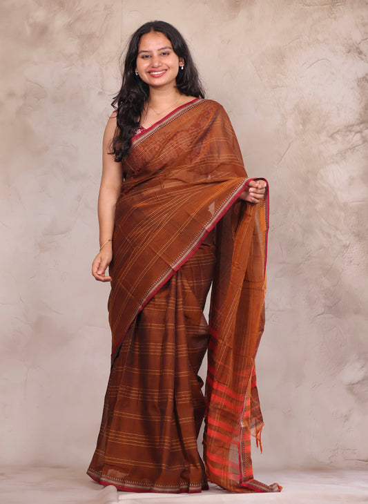 Mustard Narayanpet Cotton Saree lines weaving with Contrast block printed blouse | Looms & Tassels