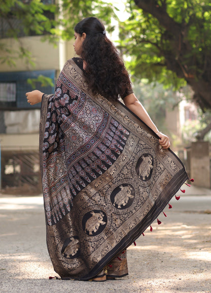 Ajrakh Dola Silk Saree