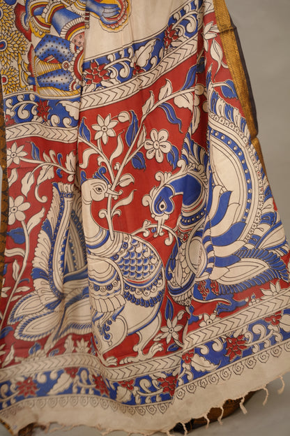 Cream Kanchi border Kalamkari Chennur Silk Saree | Looms & Tassels