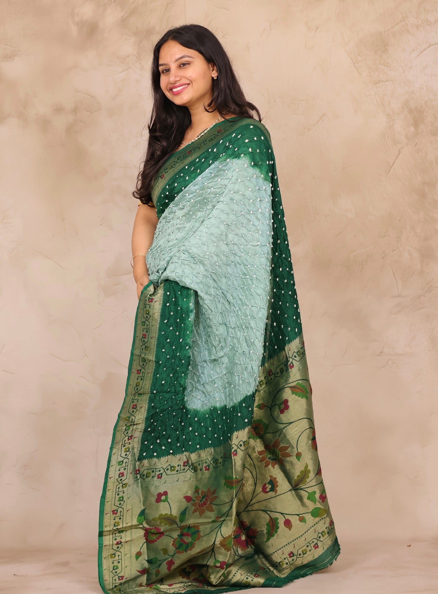 Green & Peach Handcrafted Bandhani Paithani Dola Silk Saree | Looms & Tassels