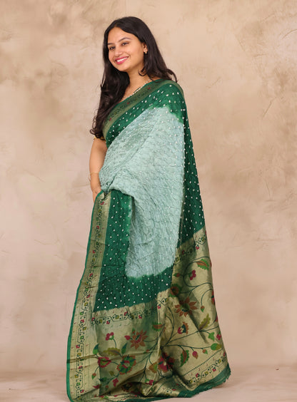 Green & Peach Handcrafted Bandhani Paithani Dola Silk Saree | Looms & Tassels