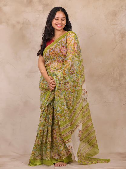 Green Chiffon Hand Block Printed Saree | Looms & Tassels
