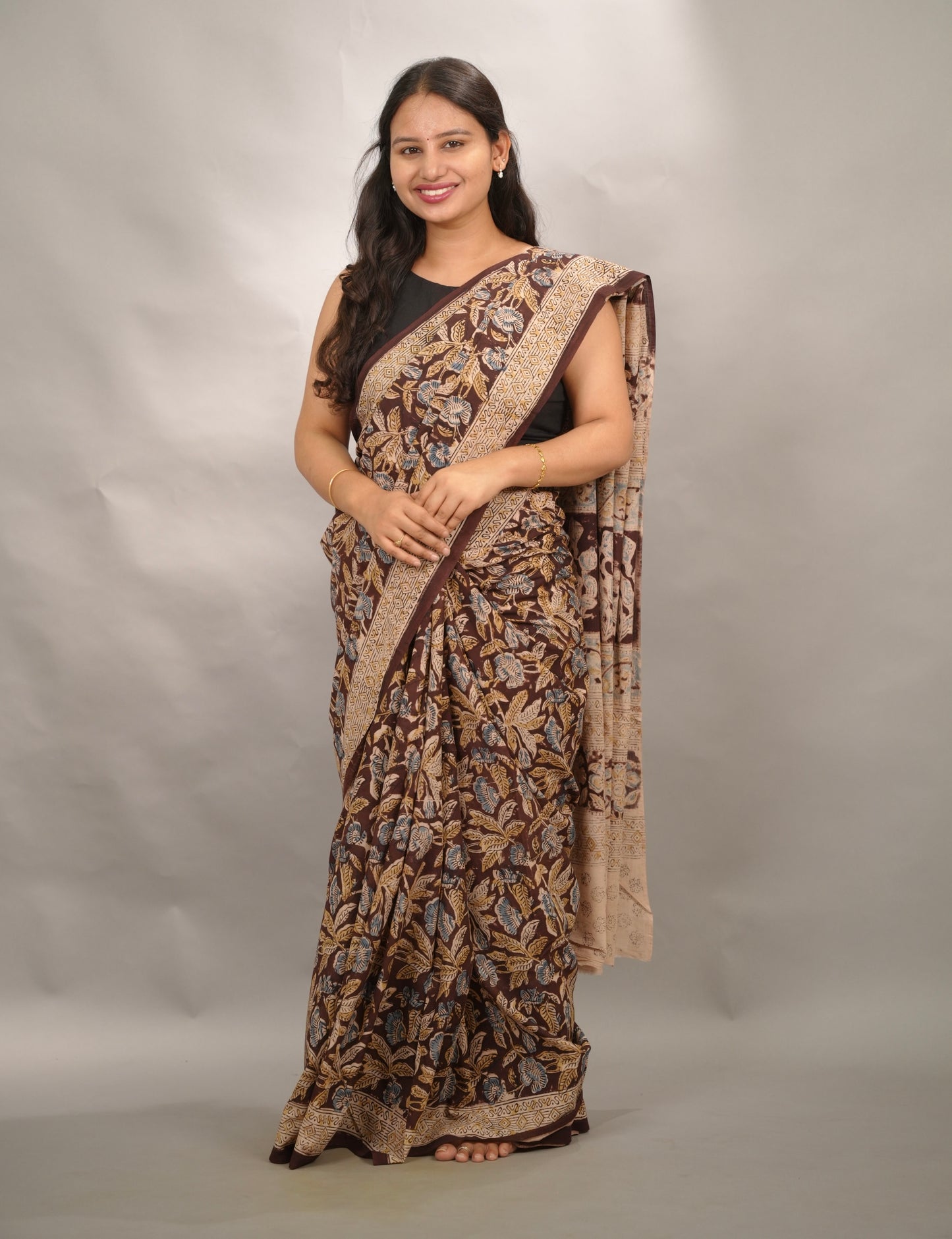 Maroon Hand Block Printed Kalamkari Cotton Saree | Looms & Tassels