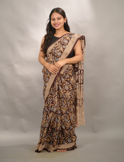 Maroon Hand Block Printed Kalamkari Cotton Saree | Looms & Tassels